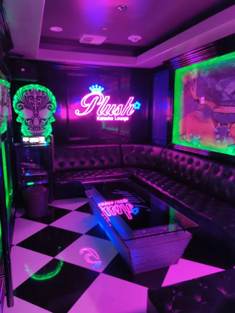 Neon-lit Plush Karaoke Lounge interior with skull graphic and checkered floor.