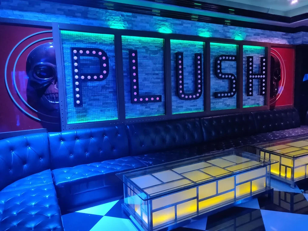 Marquee 'PLUSH' sign, skull art, blue LEDs, and black leather seating.