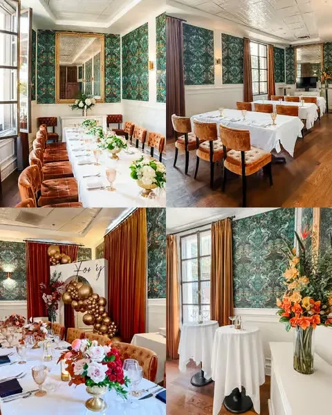 Collage of elegant restaurant interiors featuring green wallpaper, velvet chairs, and floral decor.