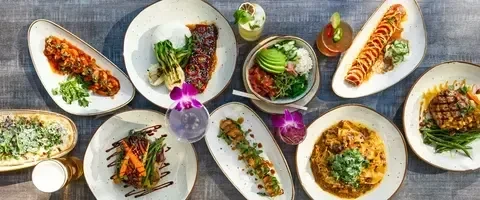 Flat lay of multiple garnished dishes and drinks on a rustic table.