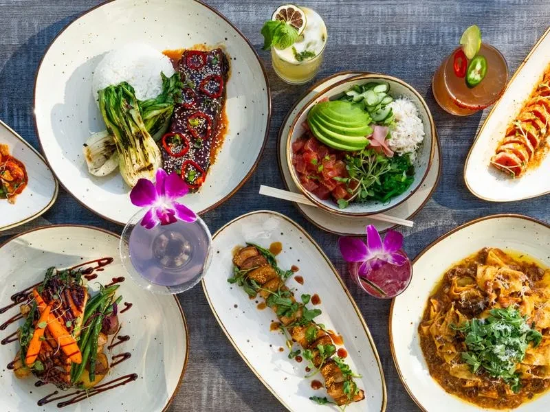 Flat lay of various fish, pasta, vegetable dishes, and colorful garnished drinks.