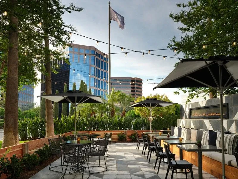 Modern outdoor patio with fireplace, seating, plants, and high-rises.
