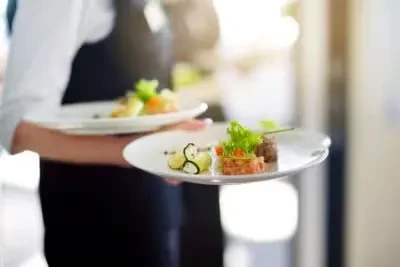 Close-up: server holding two plates of artfully arranged dishes.