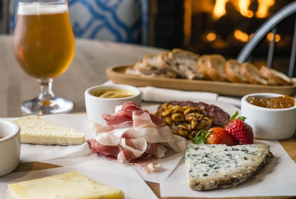 Charcuterie board with cheeses, meats, beer on table by fireplace.