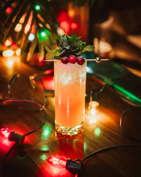 Vibrant orange cocktail with mint, cranberries, and festive bokeh.