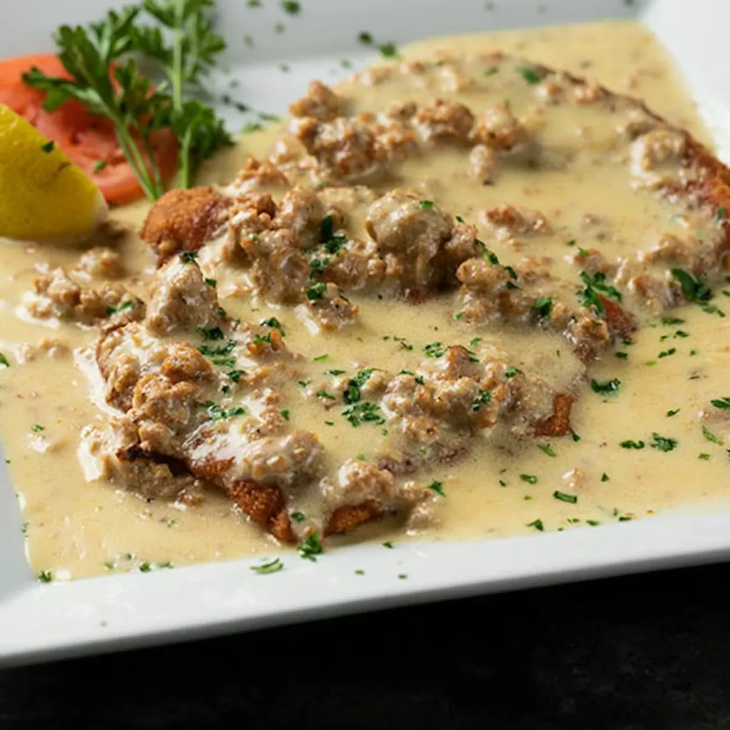 Breaded cutlet topped with creamy meat sauce, lemon, tomato, and parsley.
