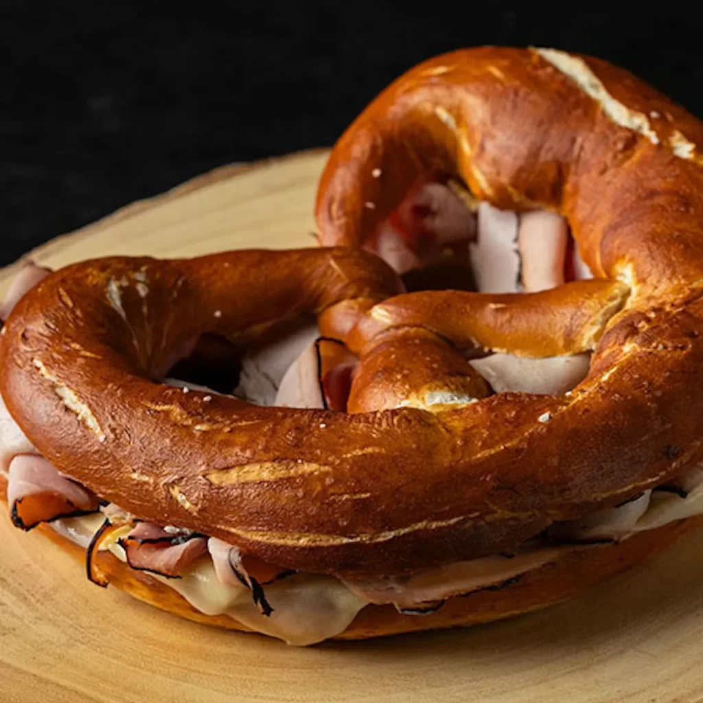 Twisted pretzel sandwich with ham, oozing melted cheese on wood.
