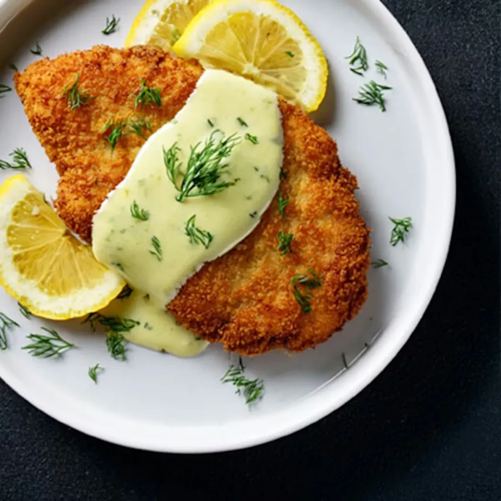 Crispy golden schnitzel with creamy dill sauce, fresh dill, and lemon.