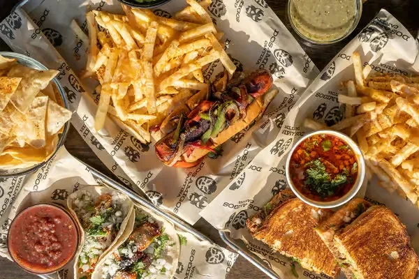 Overhead shot of a table laden with Tex-Mex food, Dos Amigos Cantina.