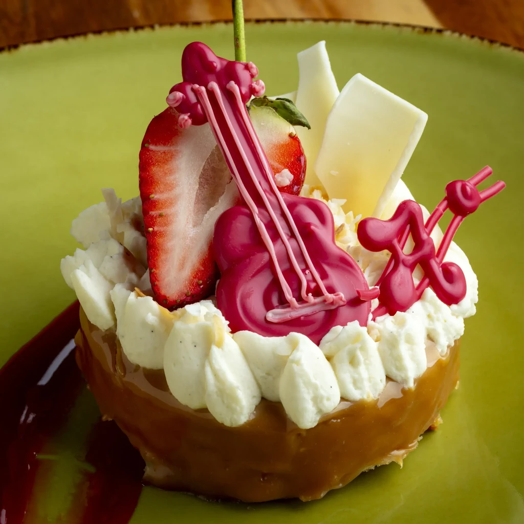 Elaborately decorated tart with whipped cream, strawberry, and magenta guitar.