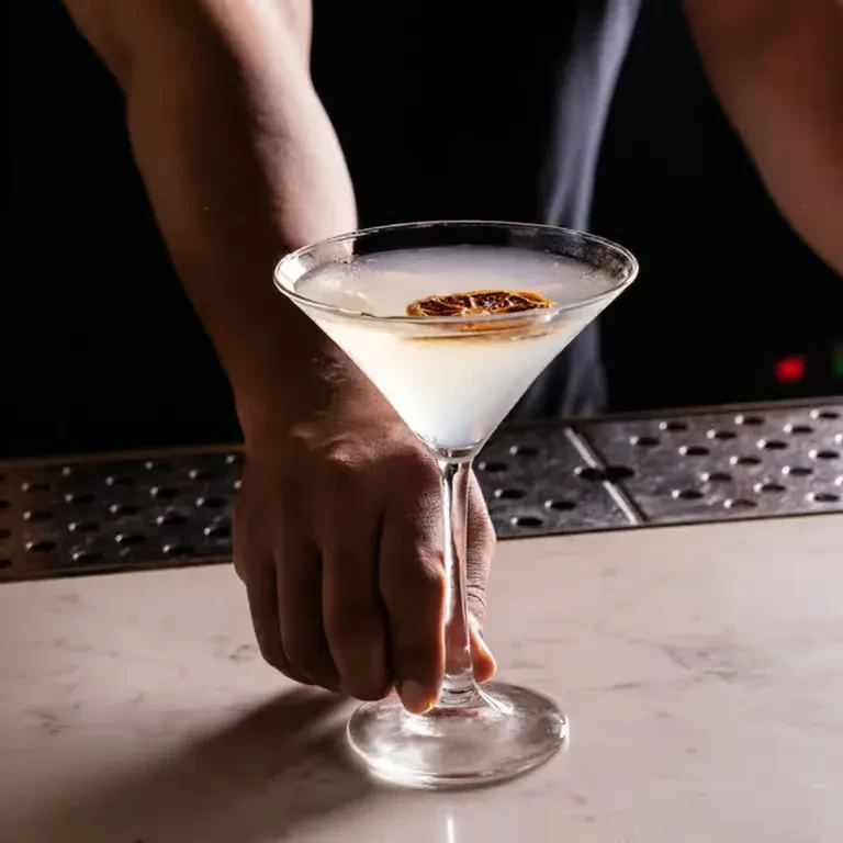 Hand holding a martini with dried citrus garnish at a bar.