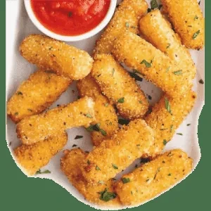 Heaped golden mozzarella sticks with green parsley and red marinara.