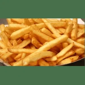 Golden-brown, hand-cut french fries piled in a white container.
