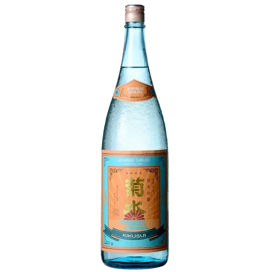 Blue-green Kikusui Junmai Ginjo sake bottle with rose-gold cap and orange label.
