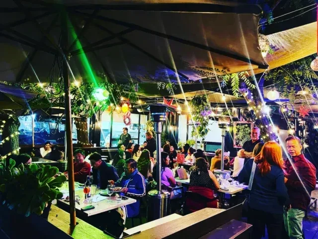Crowded outdoor bar at night with string lights and green laser.