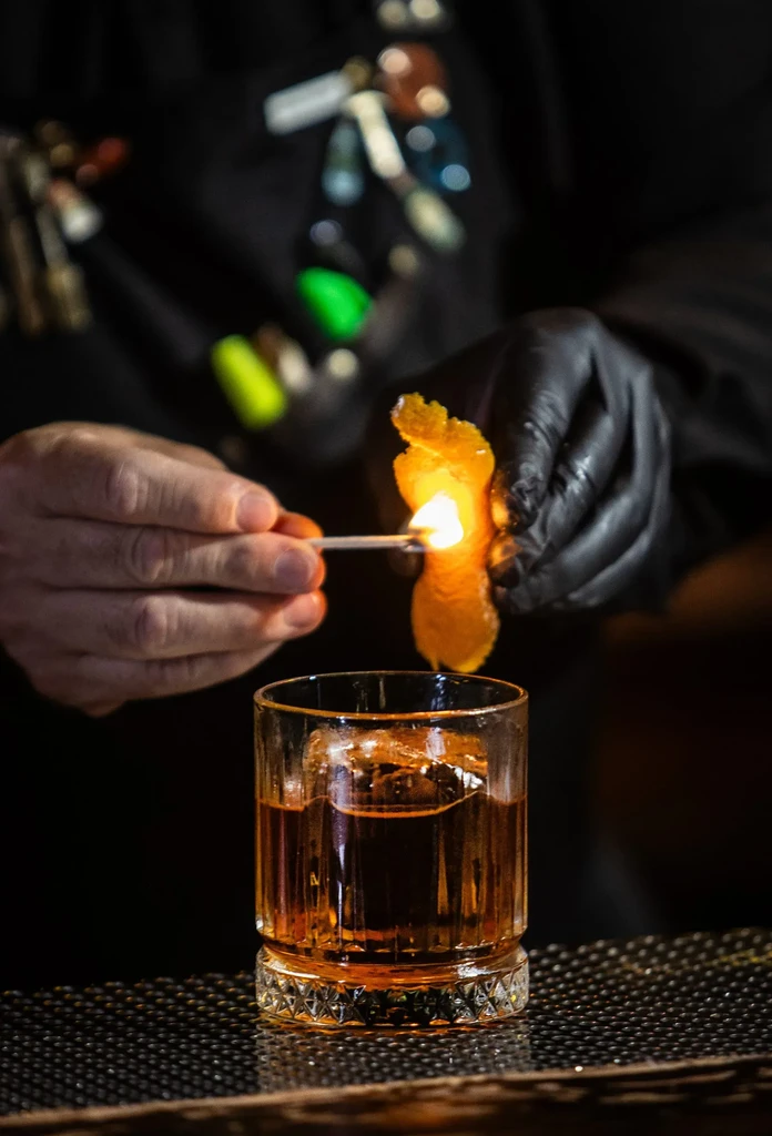Bartender's hands flame an orange peel over a cocktail with ice.