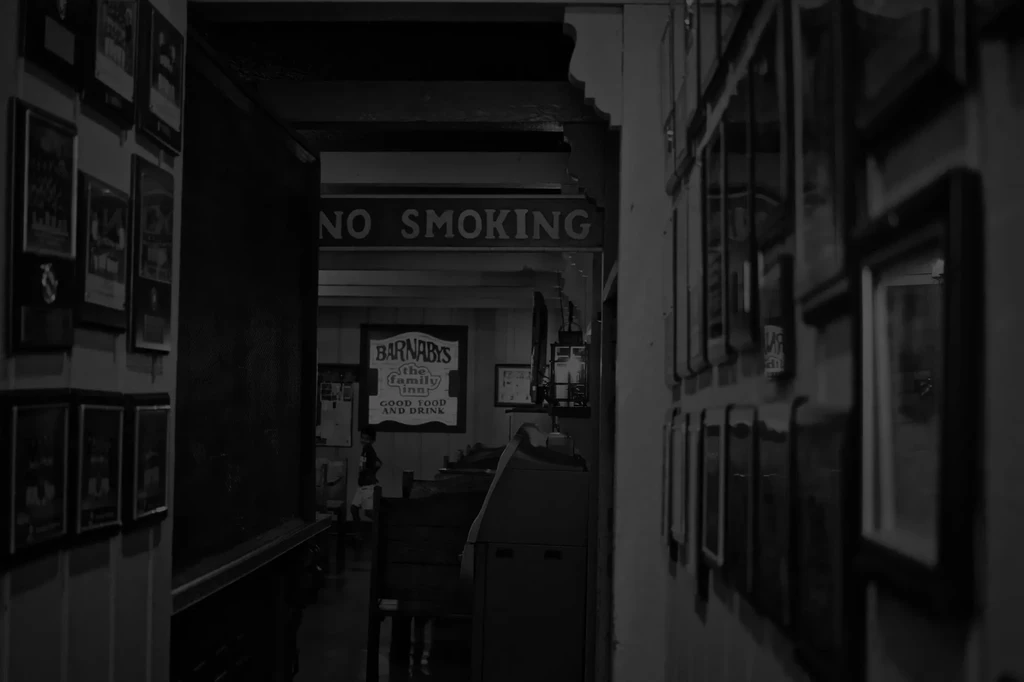 Dimly lit interior of Barnaby's family inn, with "NO SMOKING" sign.