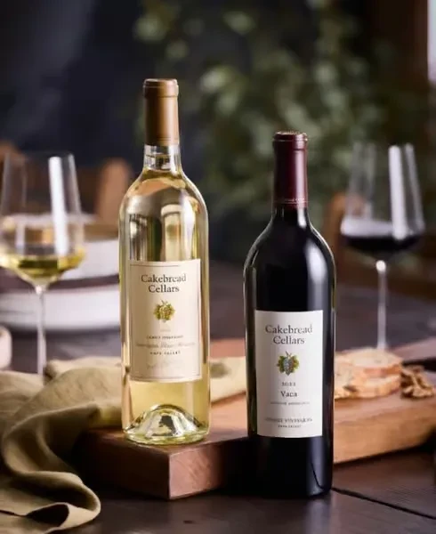 Two bottles of Cakebread Cellars wine, red and white, on a wooden table.