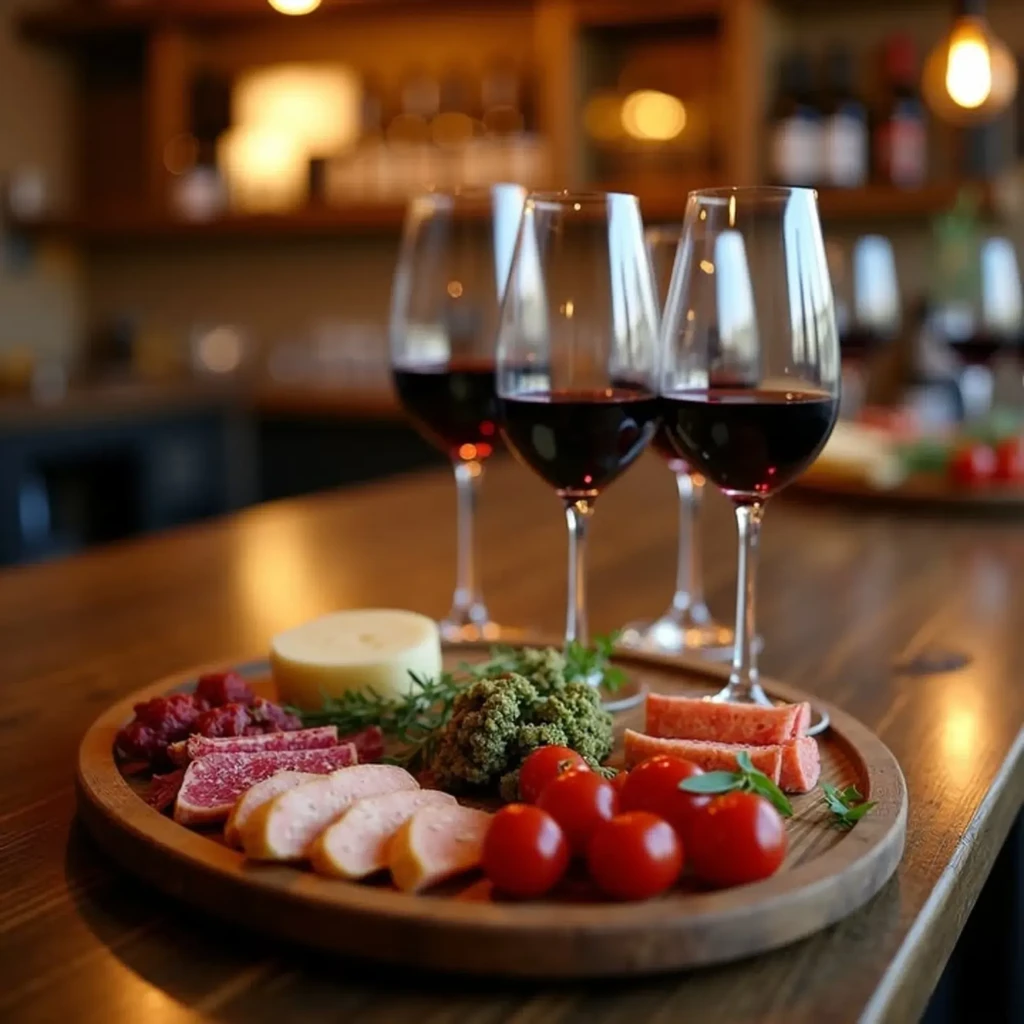 Wooden platter with sliced meats, cheese, pesto, tomatoes, and red wine.