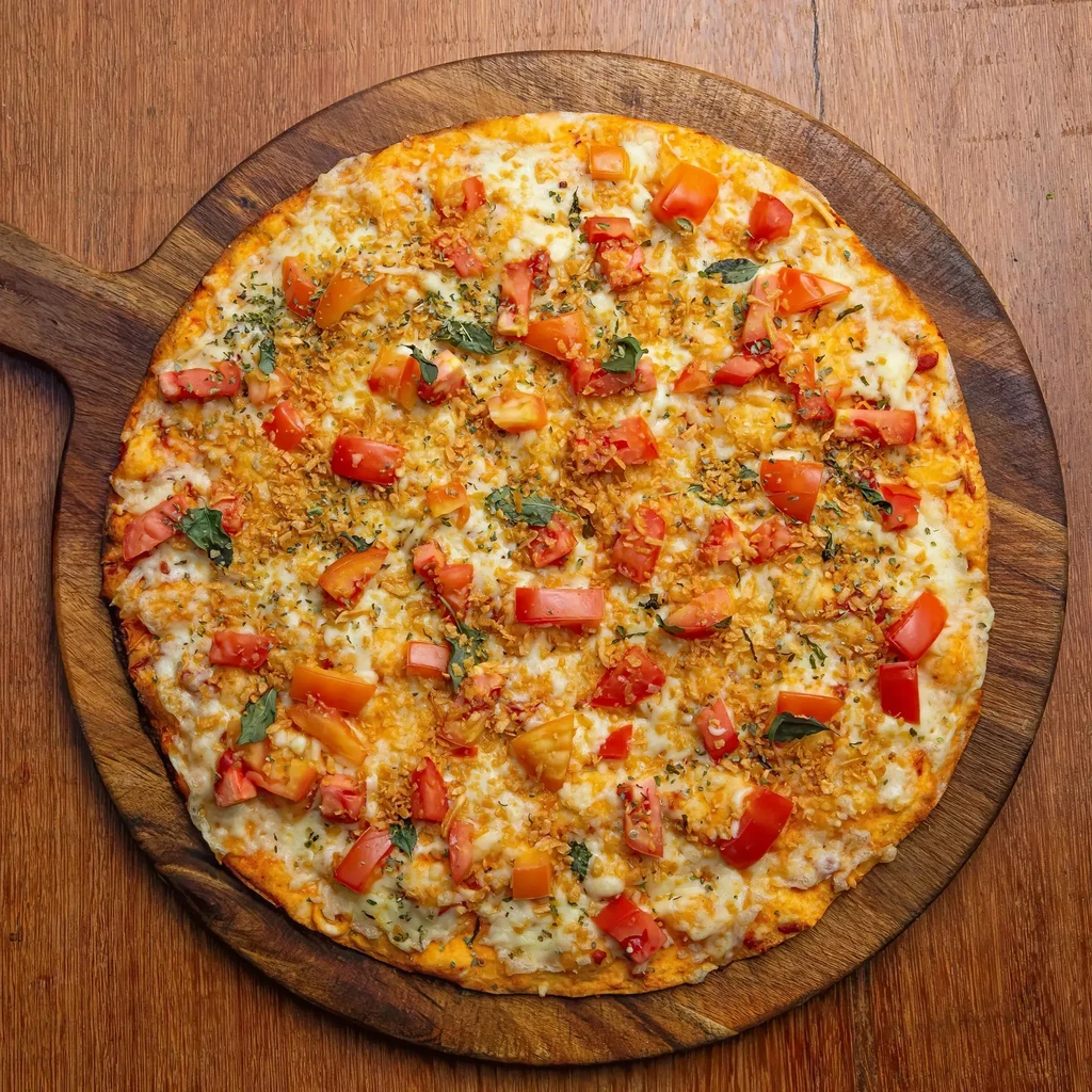 Freshly baked pizza with cheese, tomatoes, garlic, and green herbs.
