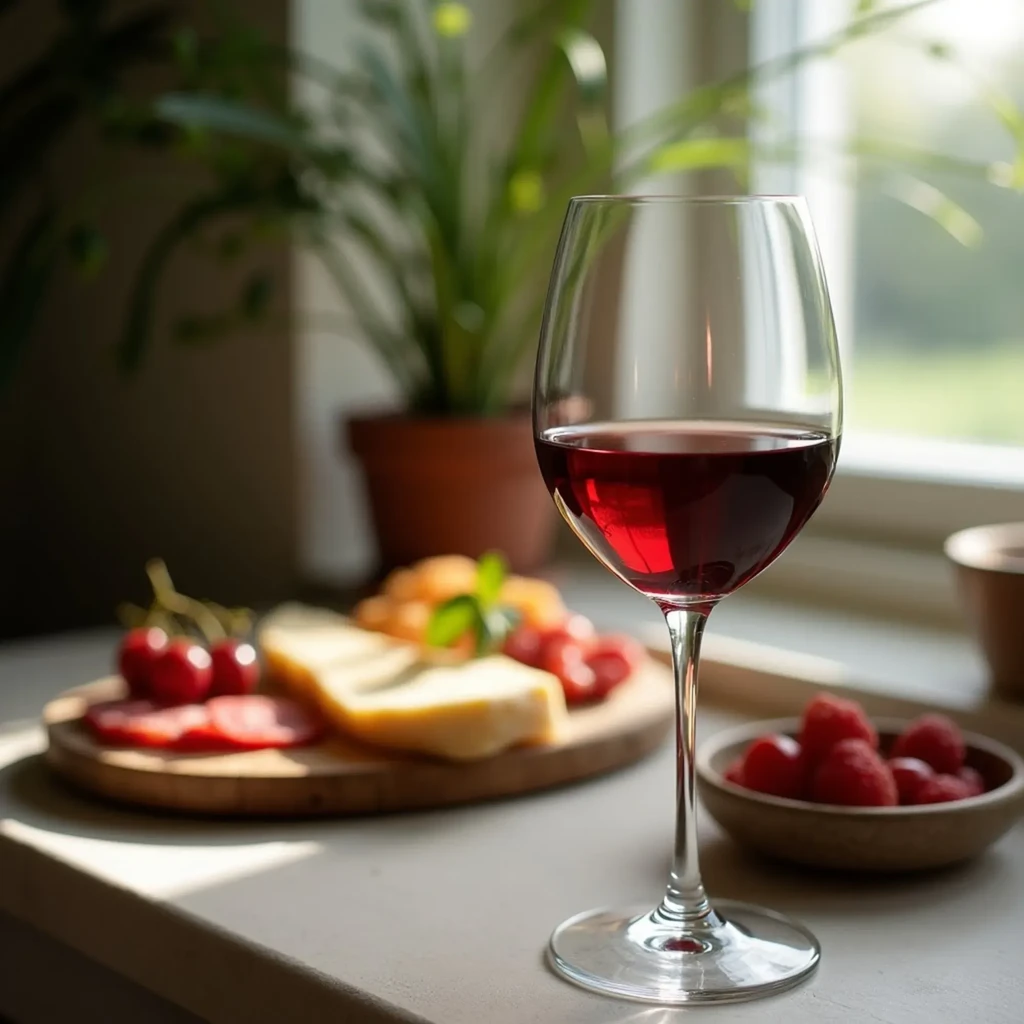 Glass of red wine with cheese, meat, and raspberries.