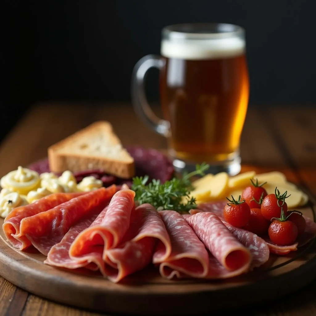 Charcuterie board with meats, cheeses, cherry tomatoes, and deviled eggs.