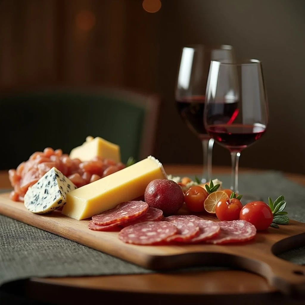 Charcuterie board with cheeses, sliced meats, fruit, and red wine.