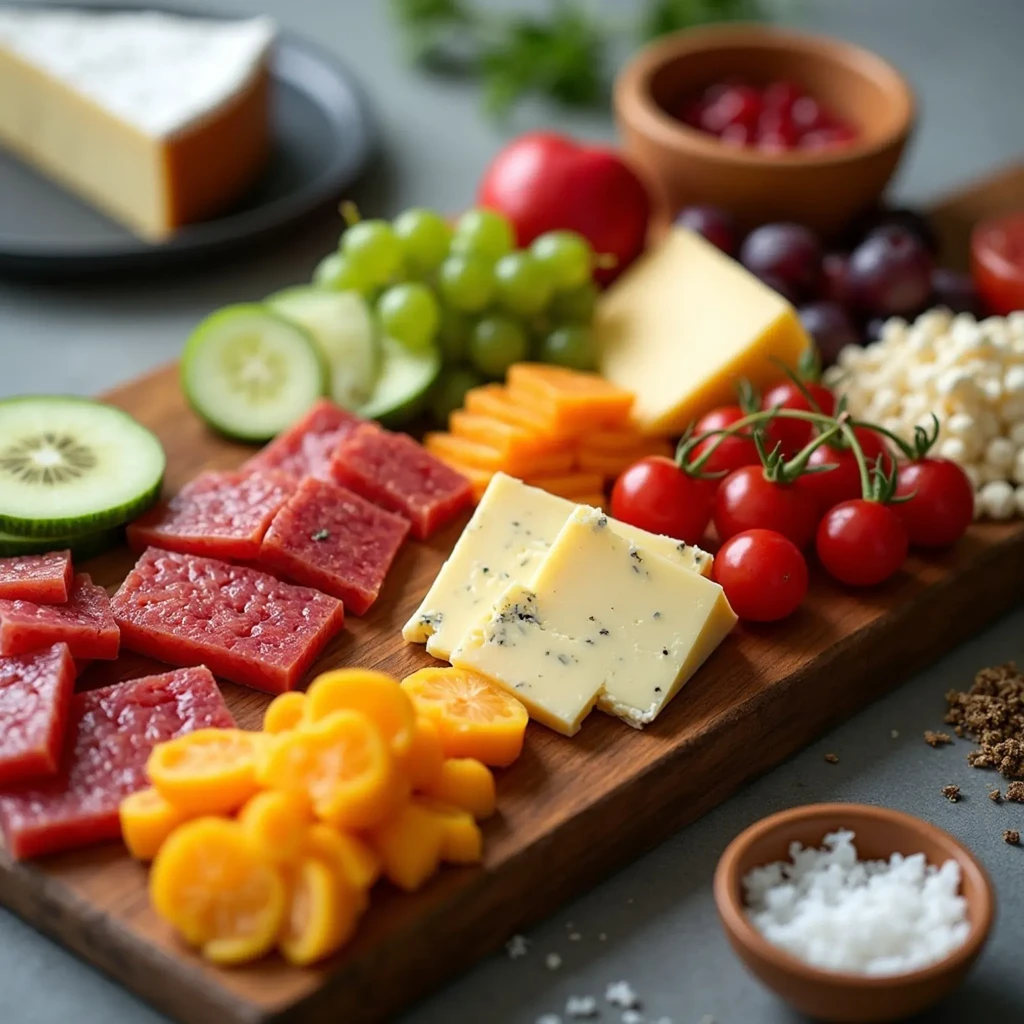 A charcuterie board with cured meats, cheeses, fruits, and vegetables.