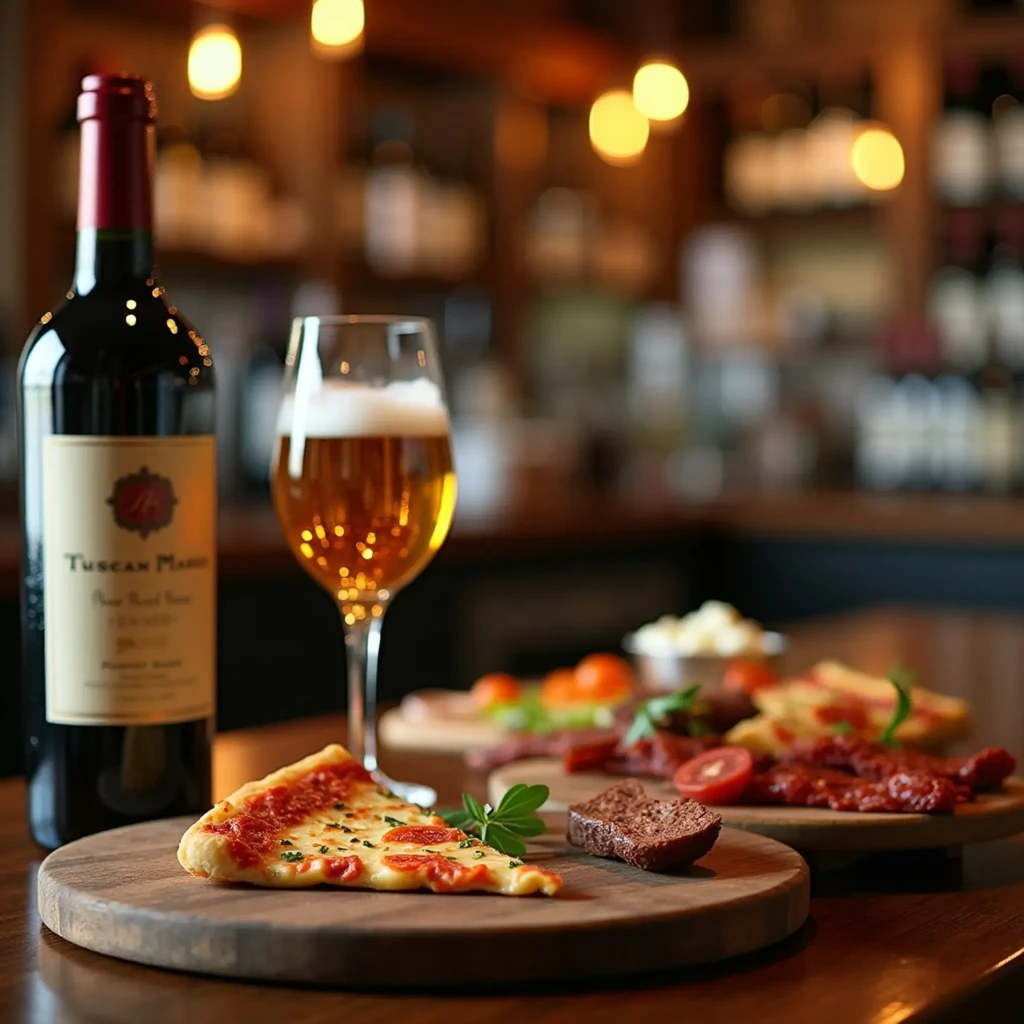Still life of pizza, beer, and wine in a restaurant.
