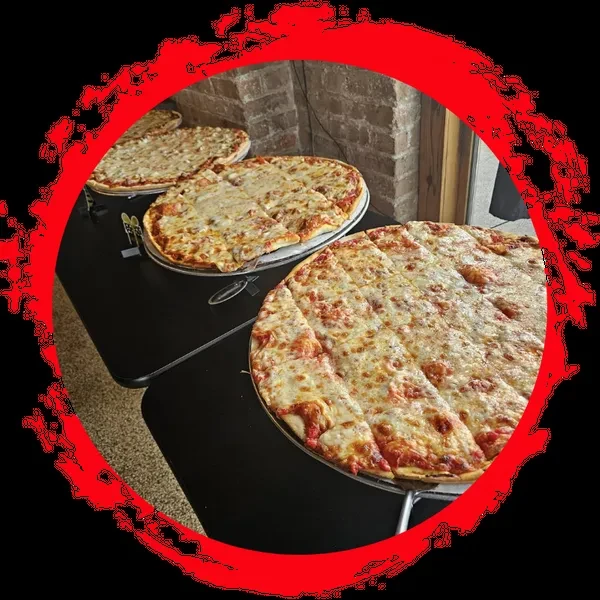 Four round cheese pizzas, one cut into square slices.
