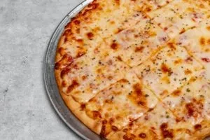 Freshly baked, square-cut cheese pizza with herbs in a pan.