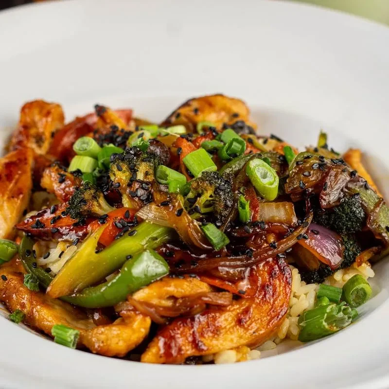 Chicken and vegetable stir-fry with rice, green onions, and sesame seeds.