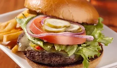 Cheeseburger with melted cheese, lettuce, tomato, pickles, and fries.
