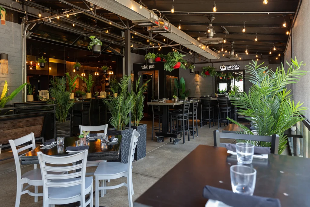Modern Tokio Pub patio with plants, string lights, and diverse seating.