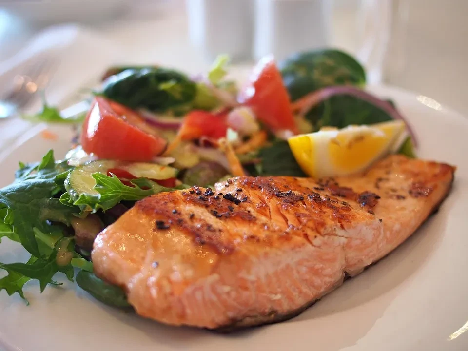 Professionally presented grilled salmon with fresh green salad and lemon.