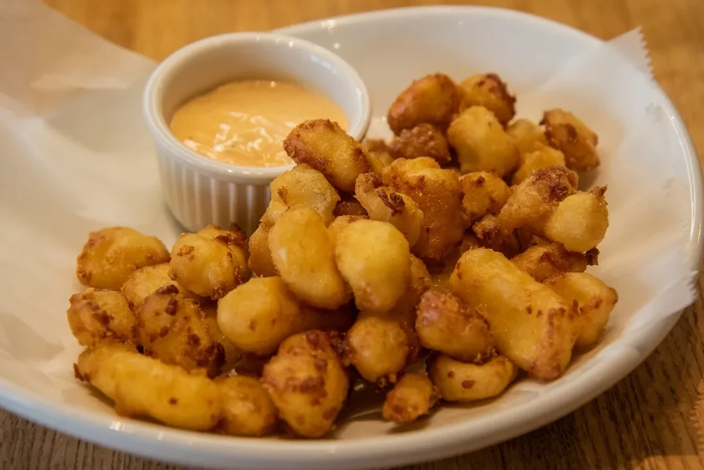 Fried cheese curds and dipping sauce on a white plate.