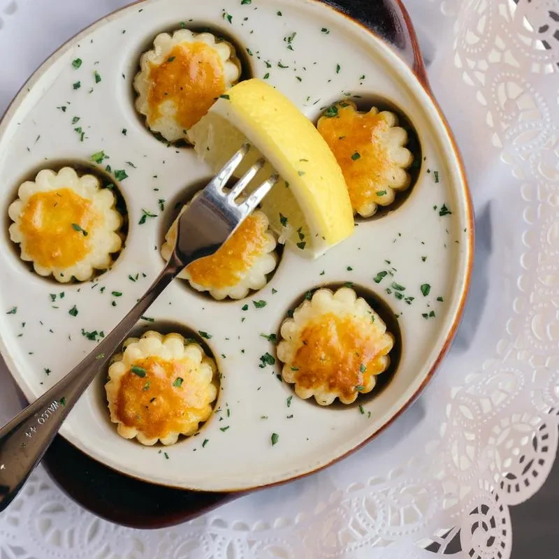 Overhead shot of an escargot plate with six savory tartlets and a fork.