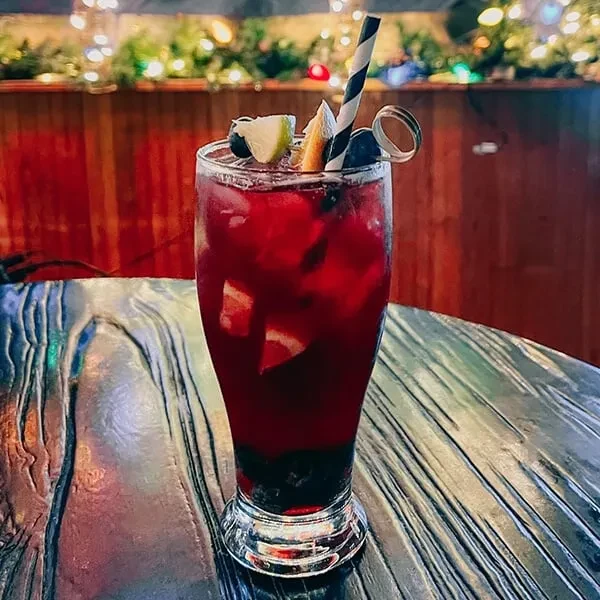 Red drink with citrus, blueberries, and a striped straw.