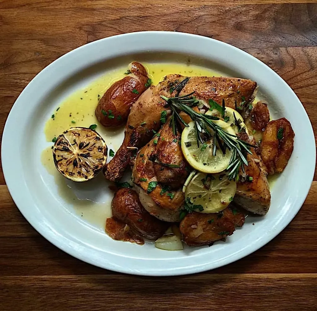 Roasted chicken with potatoes, lemon, and rosemary on a white plate.