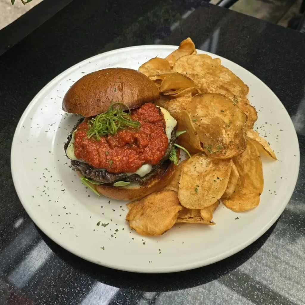 Gourmet burger with red sauce, melted cheese, and a side of chips.