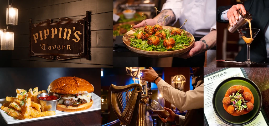 Collage of six photos of Pippin's Tavern food, drinks, and decor.