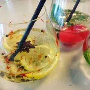 Three garnished glasses of drinks with lemon, saffron, and star anise.