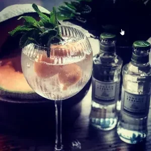 Ribbed stemmed glass with clear beverage, mint, and orange garnishes.