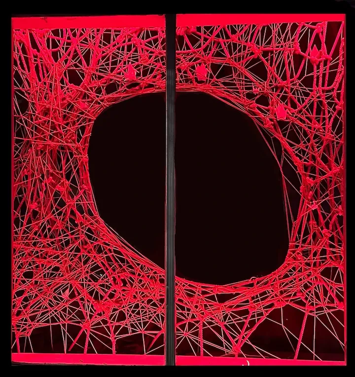 Intricate red glowing lines form a web-like pattern against a dark background.