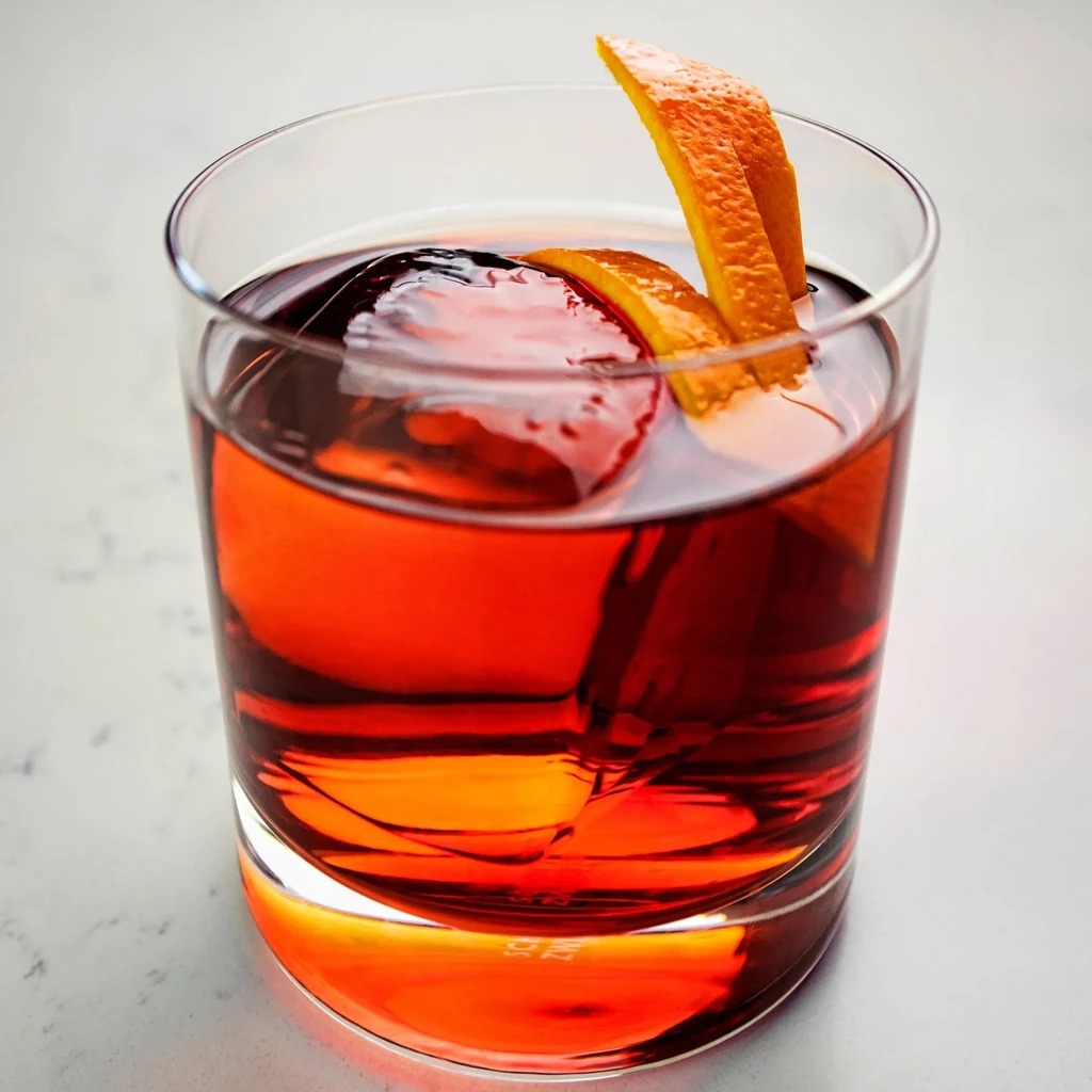 Cocktail with a large ice cube and orange peel garnish.