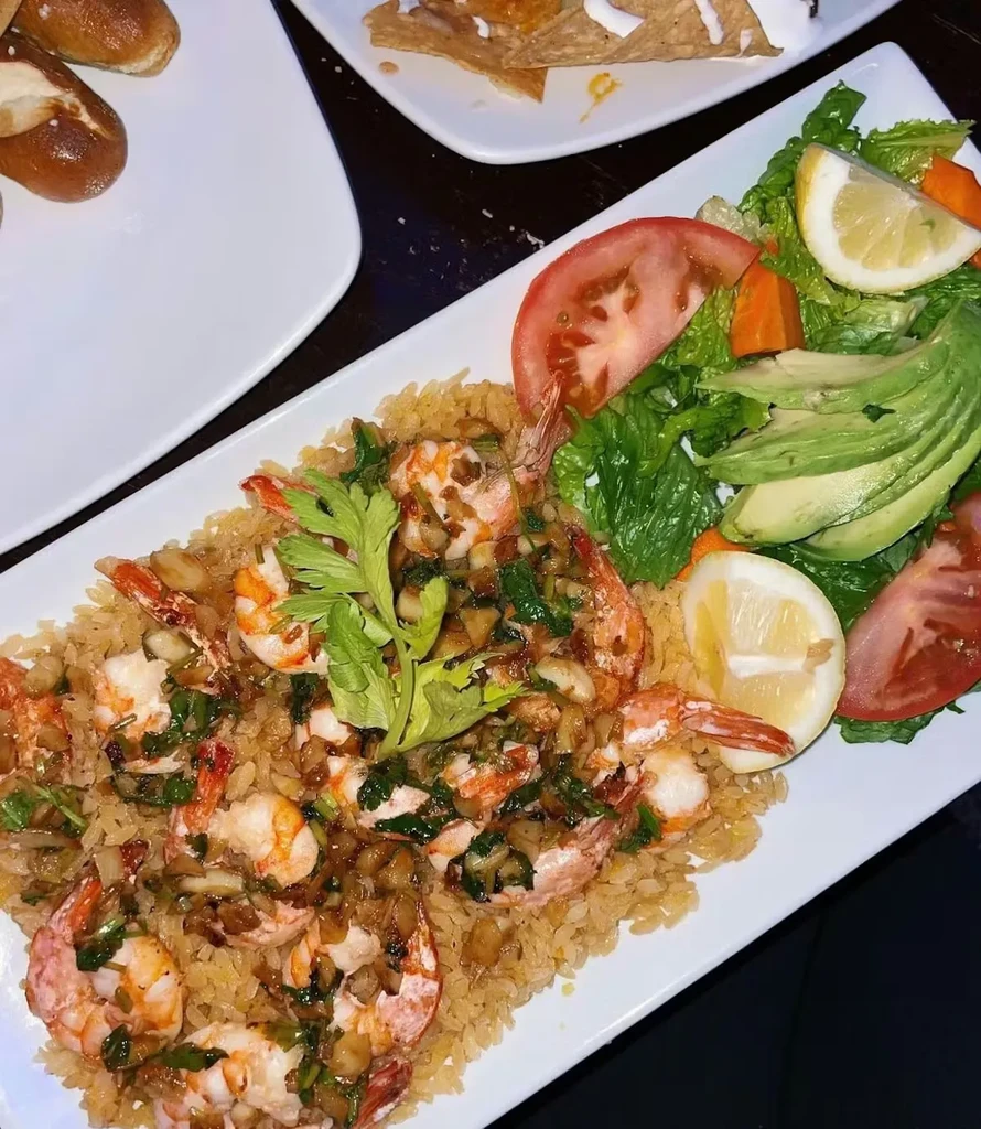 Shrimp and rice with side salad, pretzel bites, and nachos.