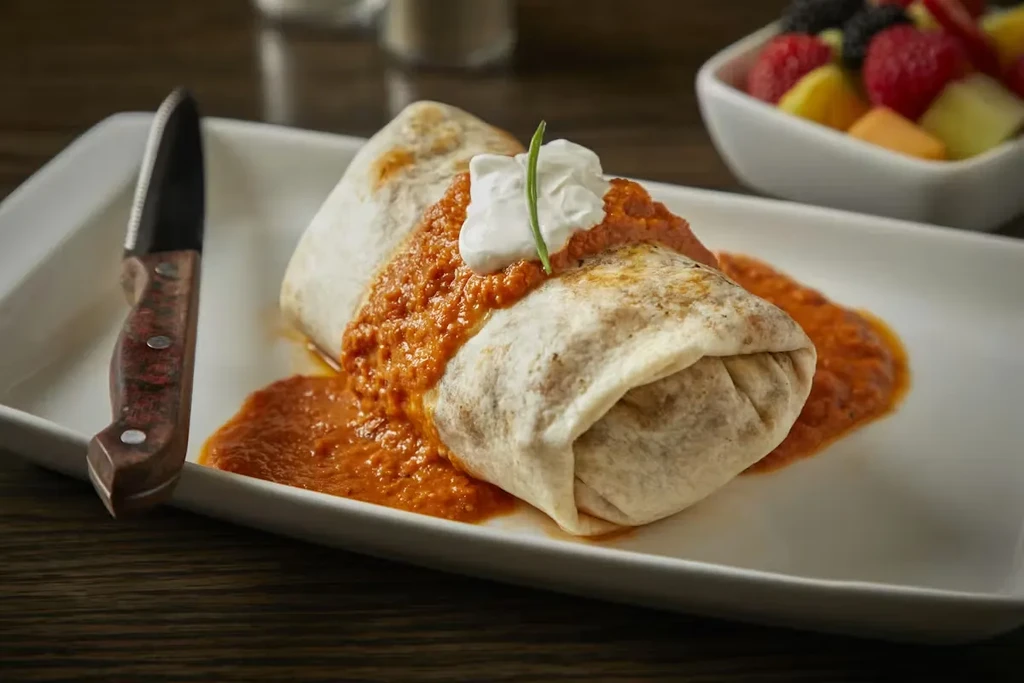 Two burritos covered in sauce, cream, and herbs on a plate.