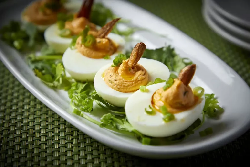Deviled eggs garnished with green onions and almond slices on a white dish.