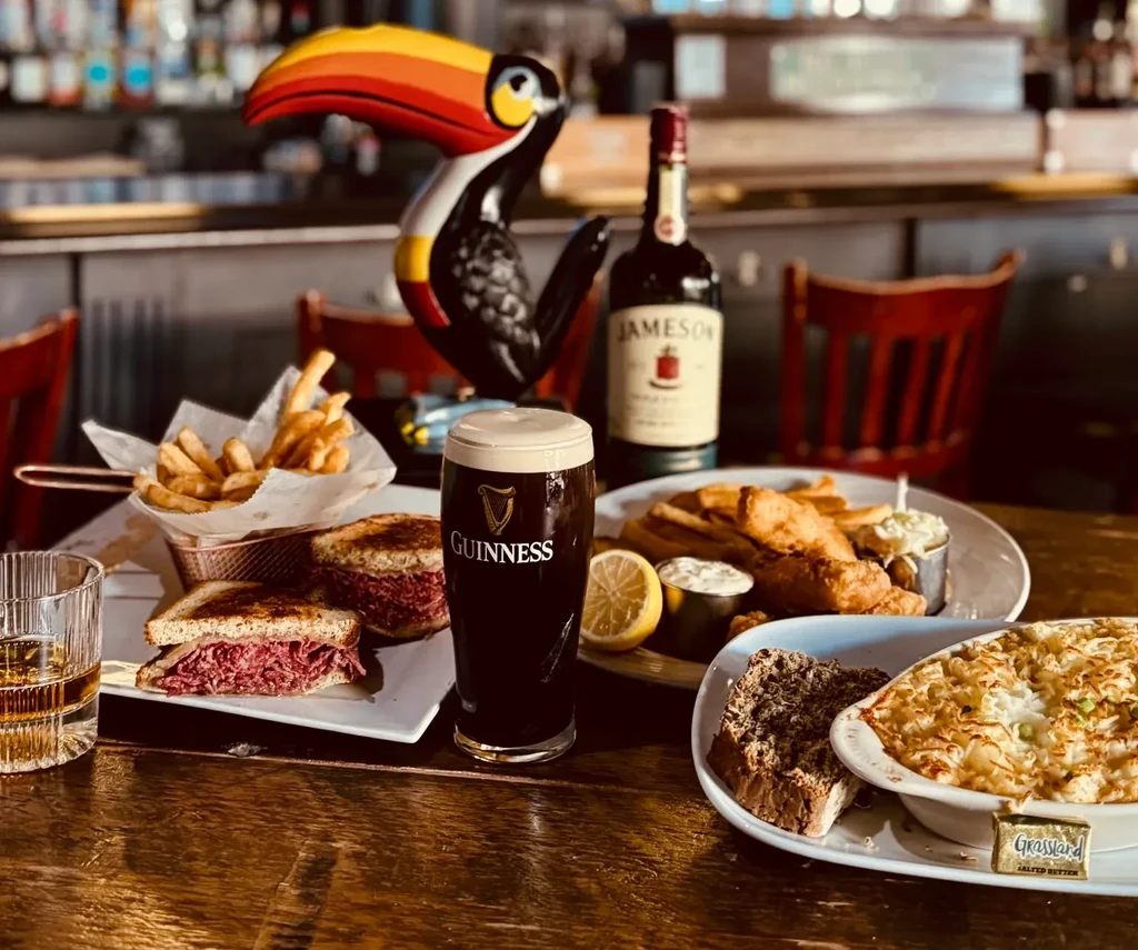 Irish pub food: Reuben, fish and chips, Guinness, whiskey, casserole.
