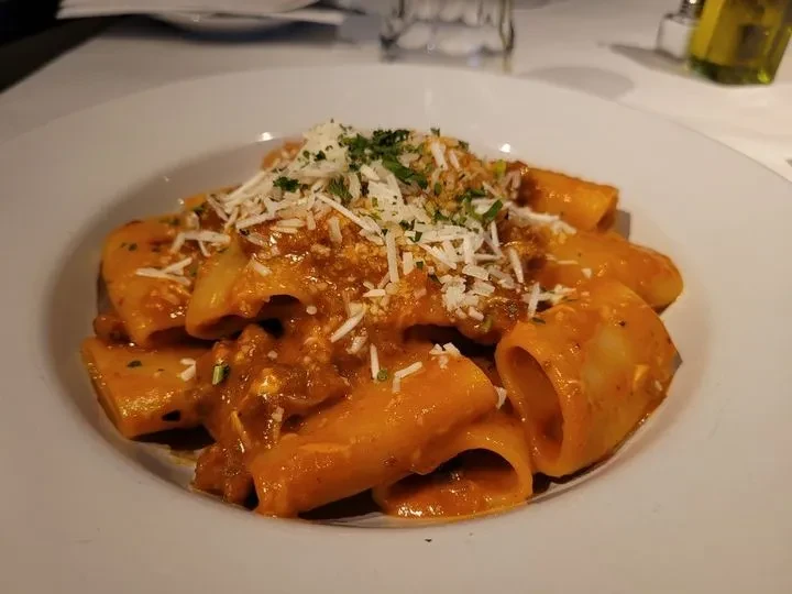Pasta with red sauce, white cheese, and green herbs.